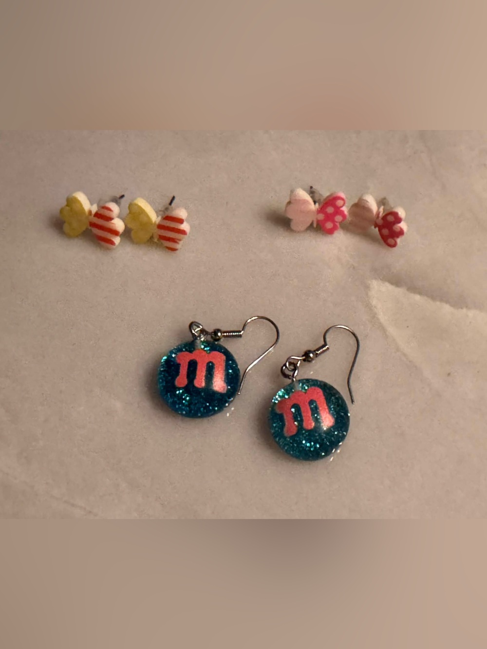 Set of 3 Kids Blue Glitter 'm' Dangle Earrings - Pink Accent